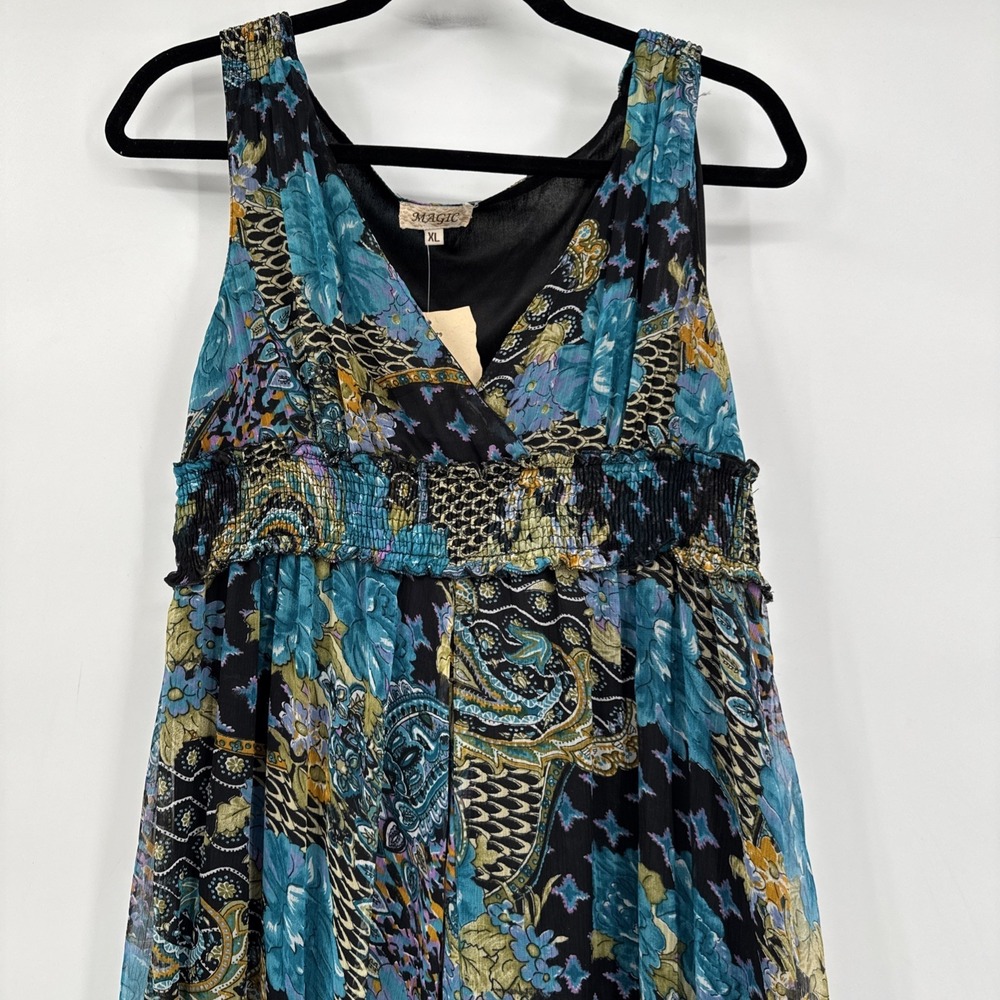 Vintage Magic Maxi Dress Women's Size XL Deadstock Blue Floral Empire Waist Boho